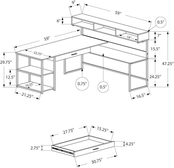 Monarch Specialties Workstation for Home & Office with Multiple Shelves and Drawer L-Shaped Corner Desk with Hutch, 60" L, Dark Taupe/Black Frame - LeafyLoom