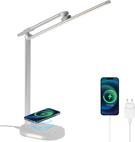 Lightess LED Desk Lamp with Wireless Charger, USB Charging Port, 5 Color Modes, 5 Brightness Level, Dimmable Desk Lamp, Office Table Lamp for Study Reading, Touch Control, Auto Timer - LeafyLoom