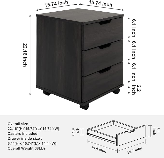 Farini 3-Drawer Vertical Filing Cabinet Rolling Wood Mobile File Cabinets Under Desk for Home Office with Casters (Dark Walnut, Non-Assembled) - LeafyLoom