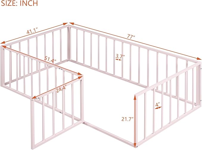 RITSU Twin Size Metal Floor Fence Bed, Montessori Bedframe, with Safety Guardrail and Door, for Children Bedroom, Boys Girls, Apartment, Strong & Durable, Easy to Assemble, Pink - LeafyLoom