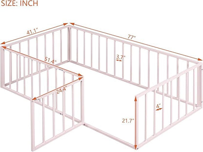 RITSU Twin Size Metal Floor Fence Bed, Montessori Bedframe, with Safety Guardrail and Door, for Children Bedroom, Boys Girls, Apartment, Strong & Durable, Easy to Assemble, Pink - LeafyLoom