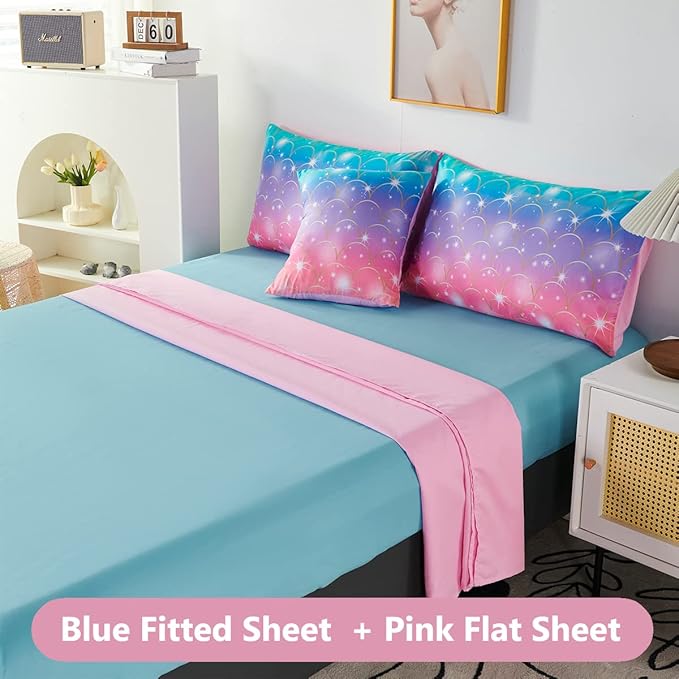 PERFEMET Pink Purple Mermaid Comforter Queen Size 6 Pieces Girls Bedding Set Colorful Rainbow Ombre Bed in A Bag Mermaid Scale Print Queen Comforter Set with Sheets - LeafyLoom