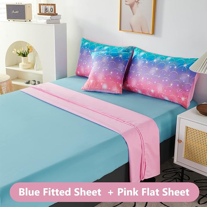 PERFEMET Mermaid Print Full Size Comforter Set for Girls, 6 Piece Colorful Tie Dye Teen Girl Bedding Set, Pink Purple Ombre Cute Bed in A Bag Comforter Set with Sheets - LeafyLoom