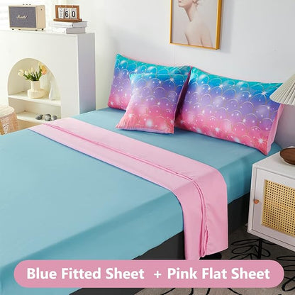 PERFEMET Mermaid Print Full Size Comforter Set for Girls, 6 Piece Colorful Tie Dye Teen Girl Bedding Set, Pink Purple Ombre Cute Bed in A Bag Comforter Set with Sheets - LeafyLoom