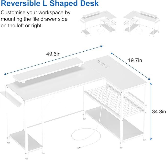 L Shaped Computer Desk with Power Outlets & LED Light, 49.6" Reversible Corner Computer Desk with Storage Shelves & Monitor Stand, Home Office Desk, Gaming Desk, Writing Desk (White) - LeafyLoom