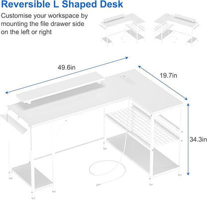 L Shaped Computer Desk with Power Outlets & LED Light, 49.6" Reversible Corner Computer Desk with Storage Shelves & Monitor Stand, Home Office Desk, Gaming Desk, Writing Desk (White) - LeafyLoom