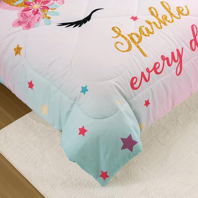 NTBED Unicorn Twin Comforter Set with Sheets,5 Pieces Kids Bedding Sets for Girls, Lightweight Microfiber Star Rainbow Bed in a Bag - LeafyLoom