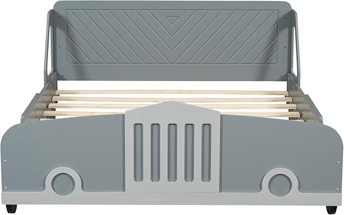 Full Size Car-Shaped Bed Frame for Kids,Wooden Platform Bed with Wheels and Side Rails for for Boys Girls,Wood Slat Supports,No Box Spring Needed,Gray - LeafyLoom