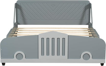 Full Size Car-Shaped Bed Frame for Kids,Wooden Platform Bed with Wheels and Side Rails for for Boys Girls,Wood Slat Supports,No Box Spring Needed,Gray - LeafyLoom