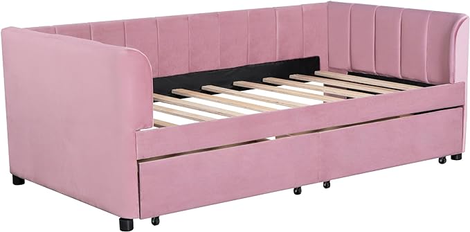 Modern Twin Size Upholstered Daybed Frame with Storage Drawers, Elegant Velvet Fabric Sofa Bed with Ergonomic Design Backrest and Armrests, No Box Spring Needed, Pink - LeafyLoom