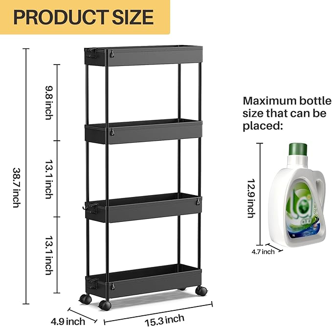 SPACEKEEPER Slim Rolling Storage Cart 4 Tier Organizer Mobile Shelving Unit Utility Cart Tower Rack for Kitchen Bathroom Laundry Narrow Places, Black - LeafyLoom