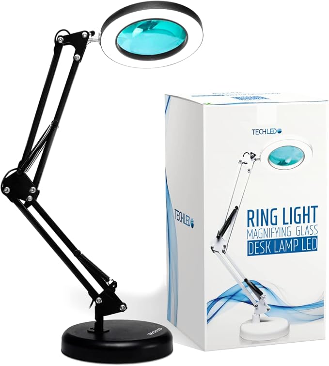 Magnifying Glass with Light and Stand, Desk Ring Light, 3 Color Modes Stepless Dimmable, Desk Lamp, Clamp Light, Office Desk Lamp for Close Work, Repair, Reading, 12w, Adjustable Desk Lamp - LeafyLoom