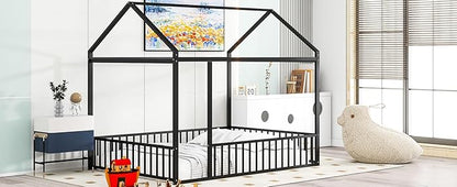 RITSU Full Size Montessori Floor Bed, Metal House Bedframe with Fence, Robust Construction is Used, for Children'S Rooms, Boys Girls, No Box Spring Needed, Easy Assembly, Black - LeafyLoom