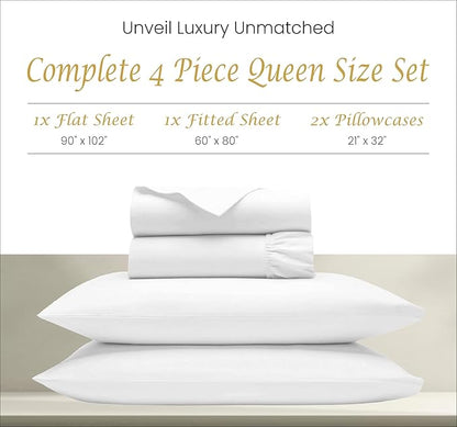 Bluemoon Homes 100% Egyptian Cotton Sheets Queen Size - 1000 Thread Count Sheets Queen Size Bed Sheet Set, Long Staple Bedding Sheets, Sateen Weave, Fits Upto 18" Mattress - White Queen Sheets - LeafyLoom