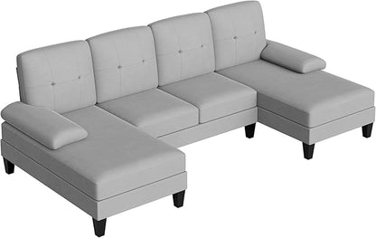 Shintenchi Sectional Couches for Living Room, U Shaped Sofa Couch with Double Chaise, 4-Seat Living Room Furniture Sets with Soft Cushion & Linen Fabric, Light Grey - LeafyLoom