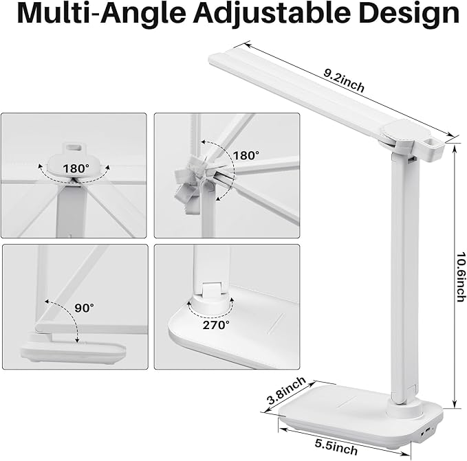 LED Desk Lamp Dimmable Double Head Reading Lamp with USB Charging Port, 3 Lighting Modes, Sensitive Control, Eye-Caring Office Lamp for Study Reading Drafting (White) - LeafyLoom
