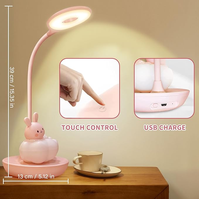 Kids Desk Lamp Pink, Dimming Desk Lamp for Girls with Exclusive Cartoon Look, Cute Night Light for Kids Bedroom, Eye-Caring LED Portable Reading Lamp for Child, Unique Gift (Pink Rabbit) - LeafyLoom