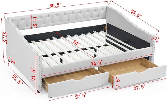 RITSU Modern Full Size Daybed with Drawers Upholstered Sofa Bed, Tufted Buttons On Back, Wooden Frame， Copper Nail On Waved Shape Arms, for Bedroom, Living Room, 80.50, Beige-1 - LeafyLoom