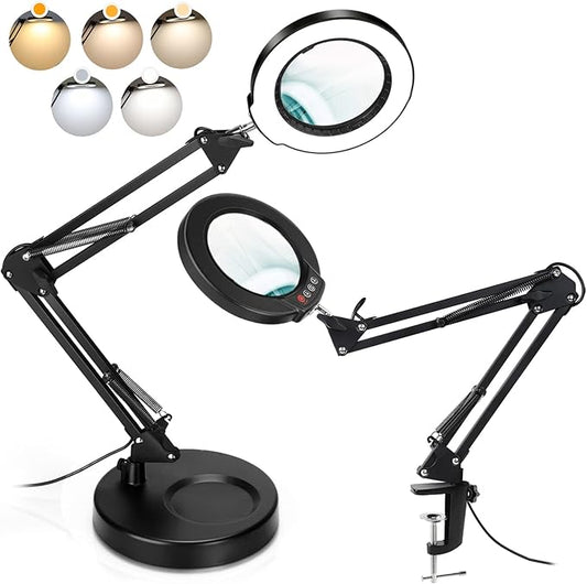 5X Magnifying Glass with Light and Stand, Upgrade Button 5 Color Modes Stepless Dimmable, 2-in-1 LED Lighted Magnifier Light, Hands Free Desk Lamp with Clamp for Craft Hobby Reading Close Work - LeafyLoom