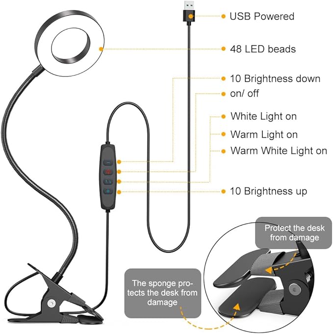 KEXIN Clip on Table Lamp 3 Color Modes 10 Brightness Eye-Caring Clamp Light Dimmable Reading Lamp 360° Rotatable Metal Gooseneck Desk Lamp Clamp Lamp Portable Small Desk Lamp for Home Office Work Lamp - LeafyLoom