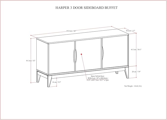 SIMPLIHOME Harper Solid Hardwood and Rubberwood 60 inch x 17 inch Rectangle Mid Century Modern 3 Door Sideboard Buffet/Storage Cabinet in Walnut Brown for The Dining Room and Kitchen - LeafyLoom