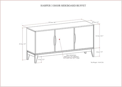 SIMPLIHOME Harper Solid Hardwood and Rubberwood 60 inch x 17 inch Rectangle Mid Century Modern 3 Door Sideboard Buffet/Storage Cabinet in Walnut Brown for The Dining Room and Kitchen - LeafyLoom