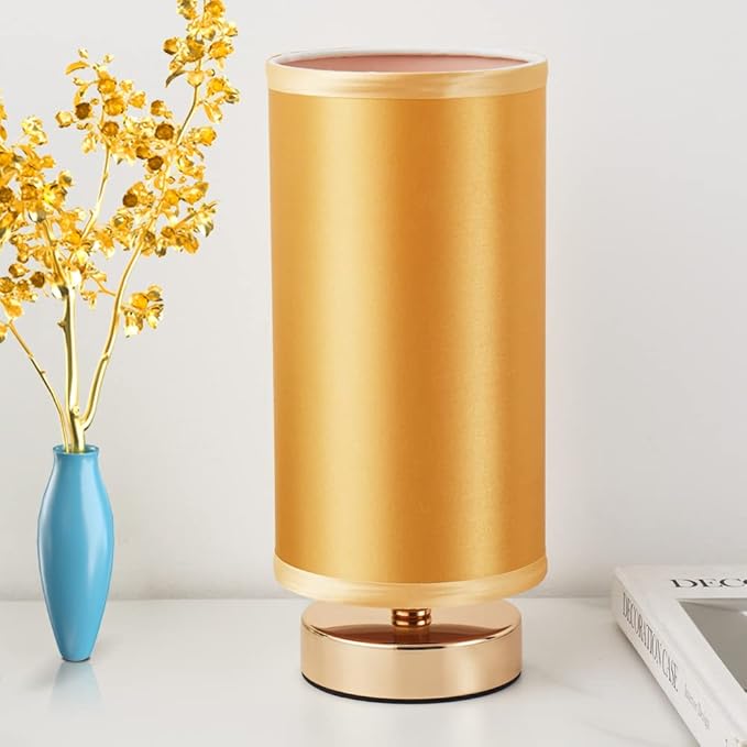 Table Lamp, Bedside Nightstand Lamp, Simple Desk Lamp, Cylinder Table Lamp for Bedroom Living Room Office Study, Golden Shade and Base - LeafyLoom