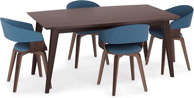 SIMPLIHOME Lowell / Draper Mid Century Modern 5 Pc Dining Set with 4 Upholstered Bentwood Dining Chairs in Blue Linen Look Fabric and 66 inch Wide Table for the Dining Room and Kitchen - LeafyLoom