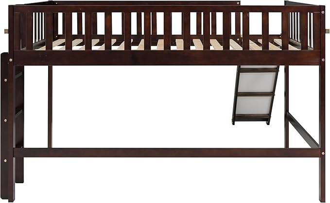 Merax Kids Wood Full Low Loft Bed with Ladder and Slide, Junior Loft Bunk Bed for Boys, Girls,No Box Spring Needed, Espresso - LeafyLoom