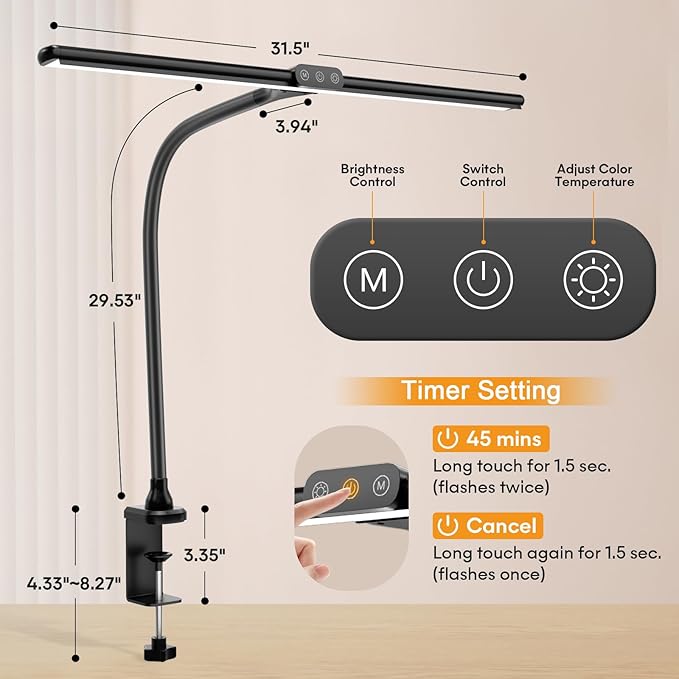 Hokone Desk Lamps for Home Office, 31.5" Wide Architect Desk Lamp with Clamp, Tall Office Lamp Dimmable, Black Desk Light with Timer, Bright Gooseneck Lamp for Workbench/Desktop - LeafyLoom