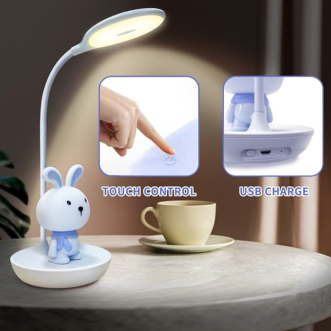 Kids Desk Lamp Pink, Dimming Desk Lamp for Girls with Exclusive Cartoon Look, Cute Night Light for Kids Bedroom, Eye-Caring LED Portable Reading Lamp for Child, Unique Gift (Blue Rabbit) - LeafyLoom