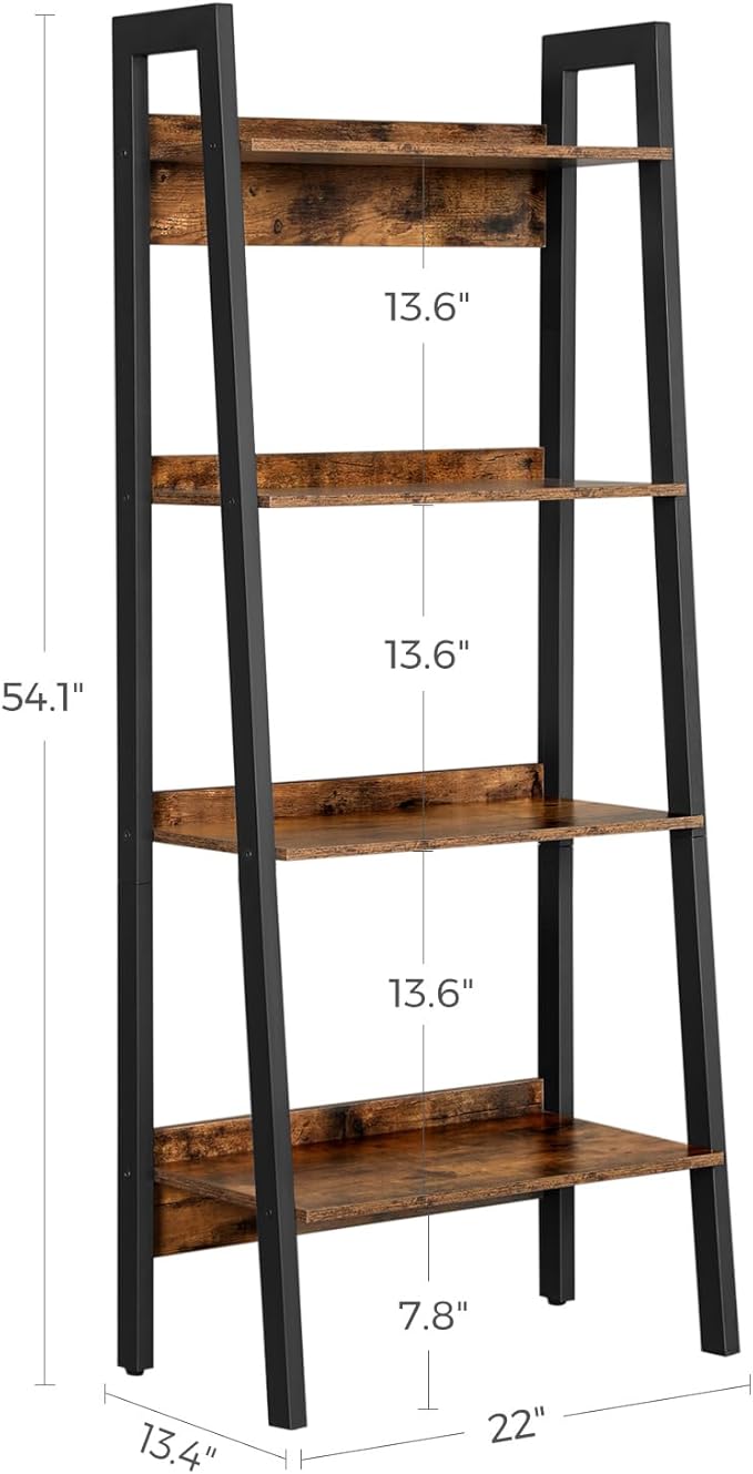 VASAGLE Bookshelf, 4-Tier Bookcase, Ladder Shelf for Home Office, Living Room, Bedroom, Kitchen, Rustic Brown and Ink Black ULLS054X01 - LeafyLoom