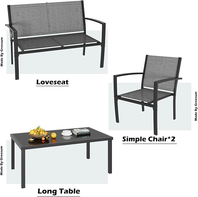 Greesum 4 Pieces Patio Furniture Set, Outdoor Conversation Sets for Patio, Lawn, Garden, Poolside with A Glass Coffee Table, Gray - LeafyLoom