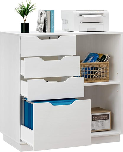 4 Drawers Lateral File Cabinets, Wood Filing Cabinet, Printer Stand with Open Storage Shelves for Home Office, 6 Compartments, White - LeafyLoom