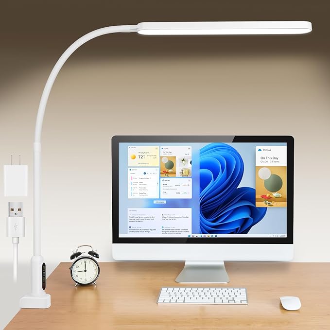 LED Desk Lamp with Clamp, Super Bright Desk Light with 11 Brightness, 5 Color Modes, Flexible Gooseneck Clip on Table Light, Eye-Caring Architect Task Desk Lamps for Home Office Study Reading - LeafyLoom