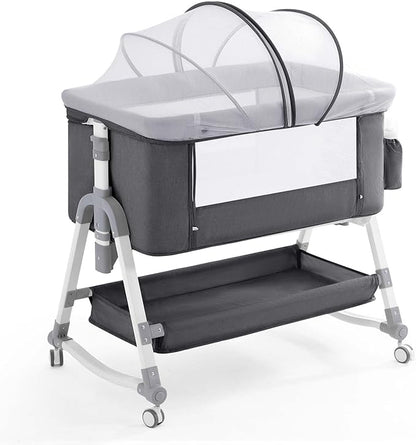 4 in 1 Baby Bassinet,Easy Folding Portable Bedside Crib with Comfy Mattress and Wheels,Height Adjustable Bassinet with Mosquito net Included,Grey - LeafyLoom