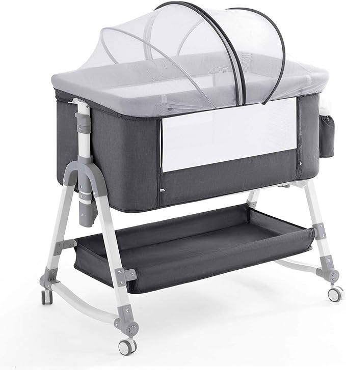 4 in 1 Baby Bassinet, Rocking Bassinets Bedside Sleeper with Comfy Mattress and Wheels, Height Adjustable Easy Folding Portable Bedside Crib for Newborn Infant,Dark Gray - LeafyLoom