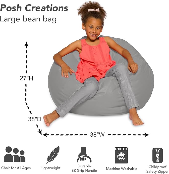 Posh Creations Bean Bag Chair for Kids, Teens, and Adults Includes Removable and Machine Washable Cover, 38in - Large, Solid Gray (BLG-BP004) - LeafyLoom