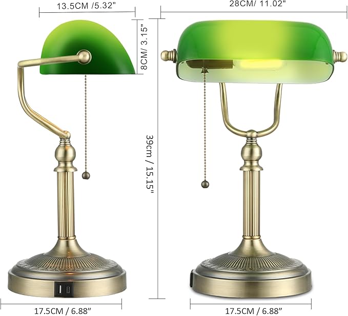 Newrays Green Glass Bankers Desk Lamp with Pull Chain Switch Plug in Fixture,USB Fast Charging Port - LeafyLoom