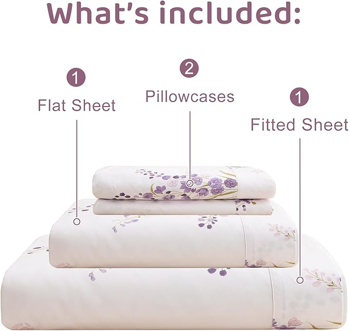 QSH Lavender Floral Bed Sheets Queen Size - 100% Egyptian Cotton Sheets Purple Flower Printed Bedding Sheets Queen Size Bed 4pcs Deep Pockets Bed Sheets - LeafyLoom