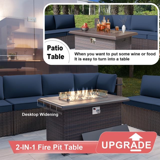 15 PCS Patio Furniture Set with Fire Pit Table Outdoor Sectional Furniture Outdoor Rattan Patio Sofa Conversation Sets with 43in 55,000 BTU Propane Gas Fire Pit Table, Navy Blue - LeafyLoom