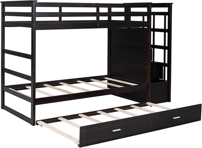 Twin Over Twin Bunk Bed with Stairs, 4 Storage Drawers and Trundle, Wooden Bunkbeds with Staircase and Full-Length Guardrails, for Kids/Teens/Adults, Espresso - LeafyLoom