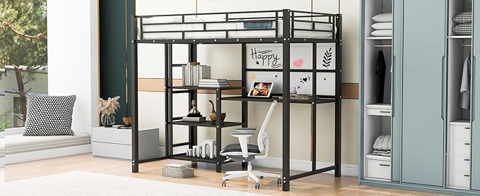 RITSU Twin Size Loft Bed, Heavy Duty Metal Bedframe with Desk and Whiteboard, 3 Big Shelves The Storage Space, Sturdy Construction, for Children's Room, Teens, Black - LeafyLoom