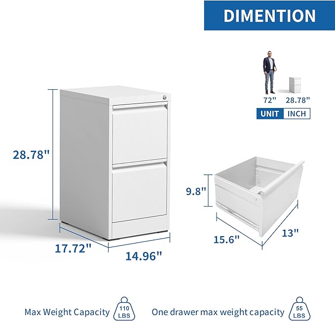 Vertical File Cabinet with Drawer, 2 Drawer File Cabinet with Lock, Filing Cabinets for Home Office, Hanging Files for A4/ Legal/Letter, White - LeafyLoom