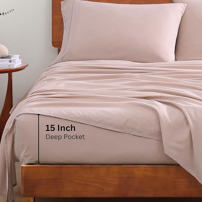 LANE LINEN 100% Organic Cotton Twin XL Sheets Set 3-Piece Pure Percale Bedsheets Soft Bedding Breathable Fits Mattress Upto 15" Deep - Sepia Rose - LeafyLoom