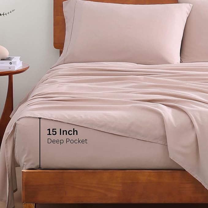 LANE LINEN 100% Organic Cotton California King Sheets Set, 4-Piece Pure Organic Cotton Long Staple Percale Weave Soft Bedding Sheets for Bed, Breathable, Fits Mattress Upto 15" Deep - Sepia Rose - LeafyLoom