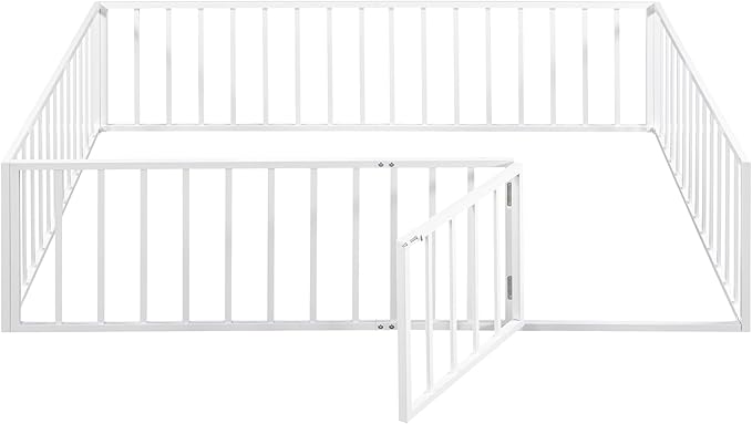 RITSU Queen Size Metal Floor Fence Bed, Montessori Bedframe, with Safety Guardrail and Door, for Children Bedroom, Boys Girls, Apartment, Strong & Durable, Easy to Assemble, White - LeafyLoom