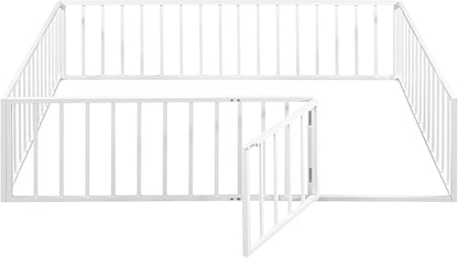 RITSU Queen Size Metal Floor Fence Bed, Montessori Bedframe, with Safety Guardrail and Door, for Children Bedroom, Boys Girls, Apartment, Strong & Durable, Easy to Assemble, White - LeafyLoom