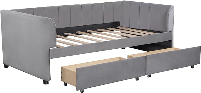 Modern Twin Size Upholstered Daybed Frame with Storage Drawers, Elegant Velvet Fabric Sofa Bed with Ergonomic Design Backrest and Armrests, No Box Spring Needed, Gray - LeafyLoom