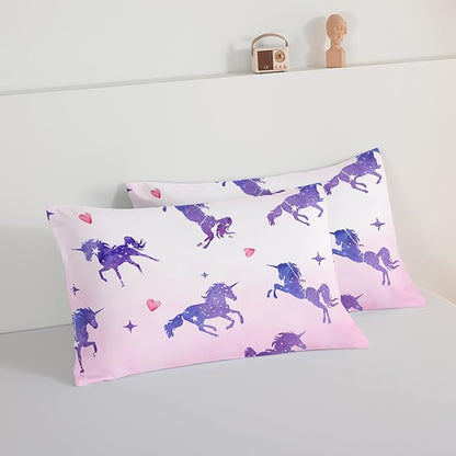 HOSIMA Kawaii Unicorn Comforter,Purple Unicorn with Stars and Love Heart Princess Toddler Bedding Set-Soft Microfiber King Size Comforter Set,Fairycore Room Decor Pink Comforter with 2 Pillowcases. - LeafyLoom